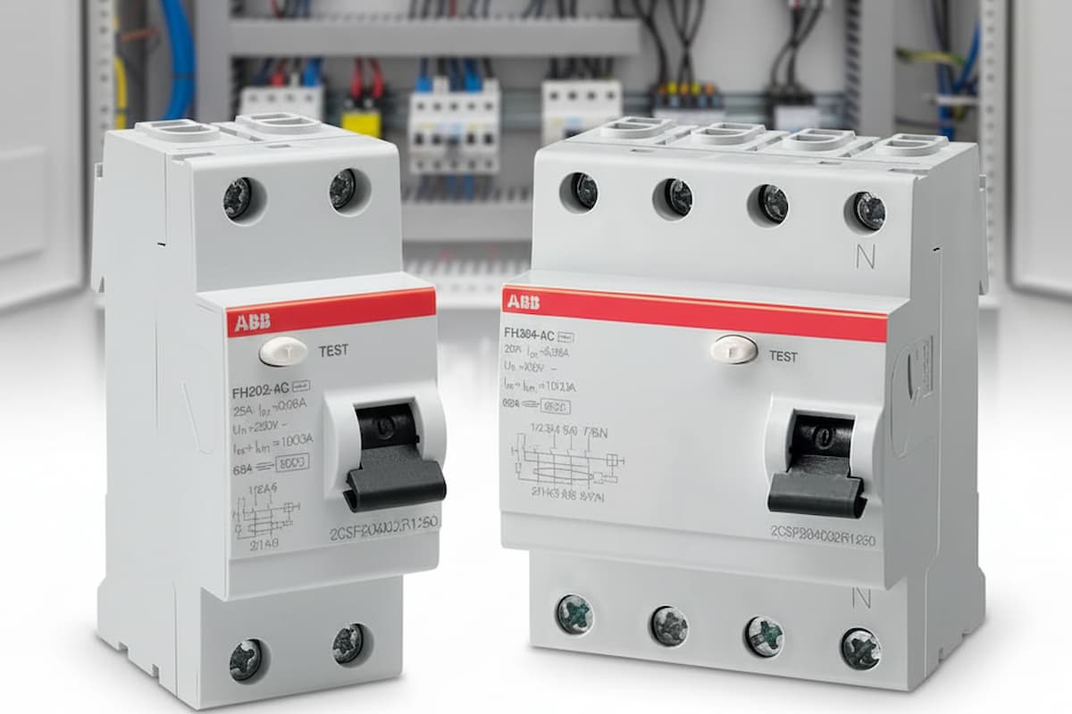 Dos tipos de interruptor diferencial con una instalación eléctrica en el fondo.