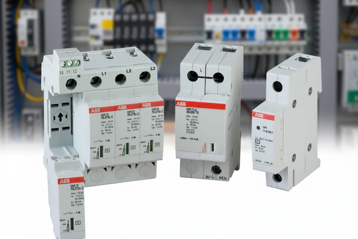 Los tres tipos de protector contra sobretensiones ABB sobre un fondo desenfocado de una instalación eléctrica.
