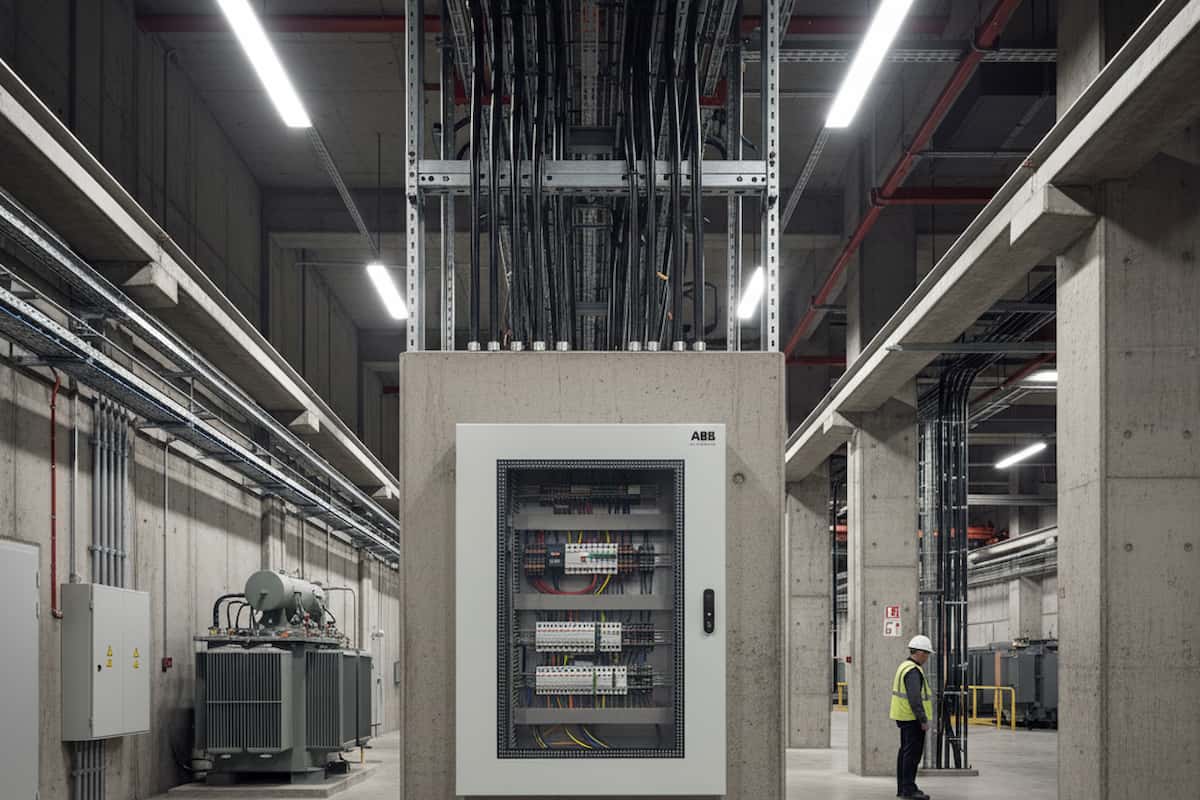 Tableros ABB sobre una pared en una infraestructura, al fondo hay un técnico.