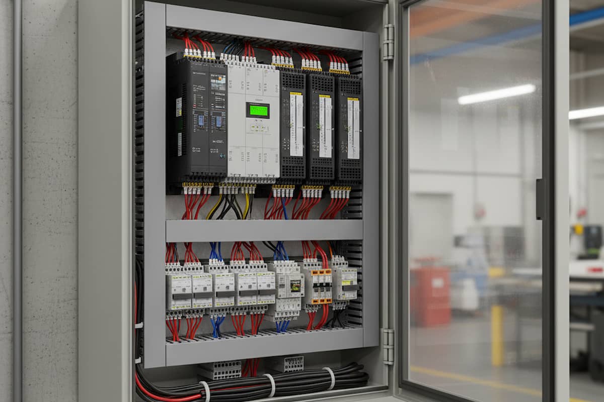Tipos de PLC Un Controlador Lógico Programable en una instalación eléctrica.