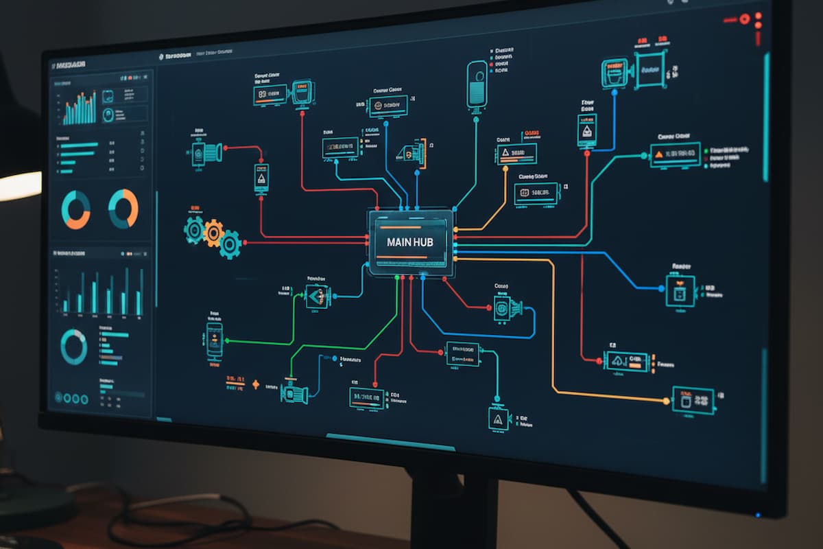 Un monitor de computadora mostrando un diagrama del sistema SCADA.