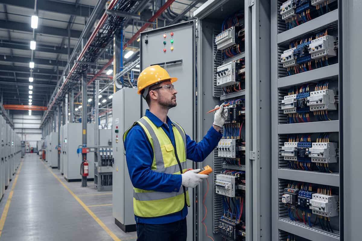 Una persona revisando una aparamenta definición eléctrica.