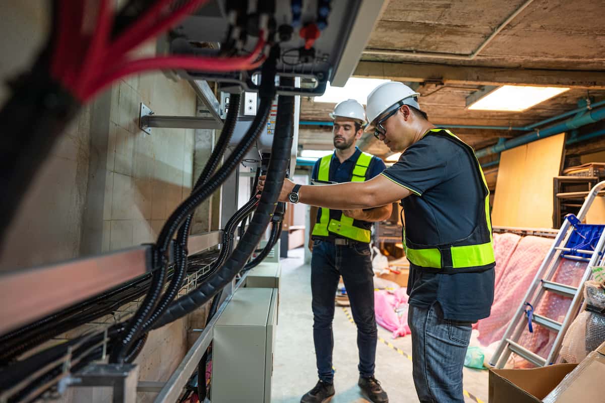 Eficiencia energética - Dos trabajadores revisando la instalación eléctrica industrial.