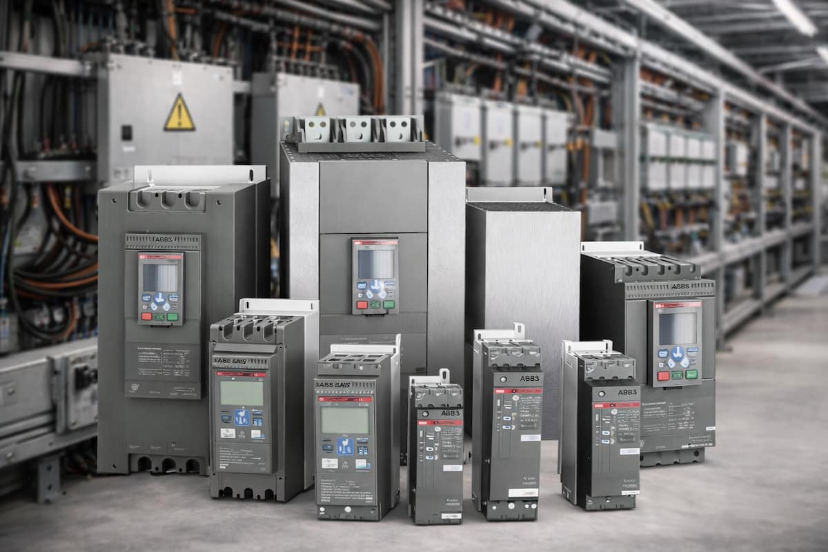 Arrancadores suaves funcionamiento - Una instalación eléctrica industrial al fondo.