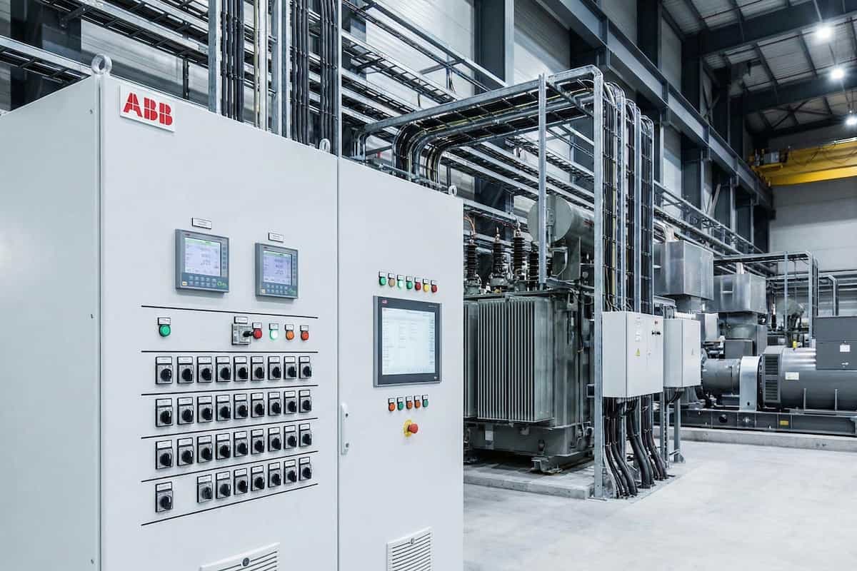 Tablero de control eléctrico ABB con una instalación eléctrica de fondo.