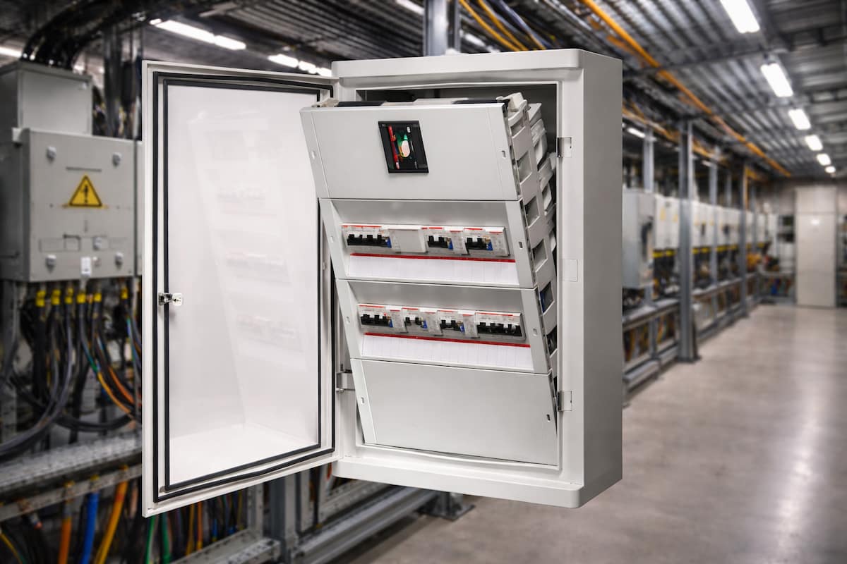 Tablero eléctrico industrial con una instalación eléctrica al fondo.