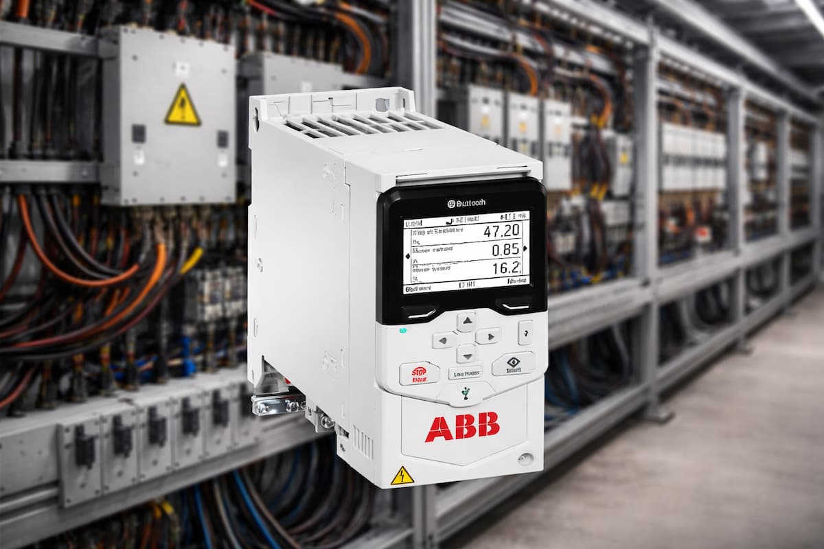 Variador ABB - Un variador ABB con una instalación eléctrica industrial de fondo.
